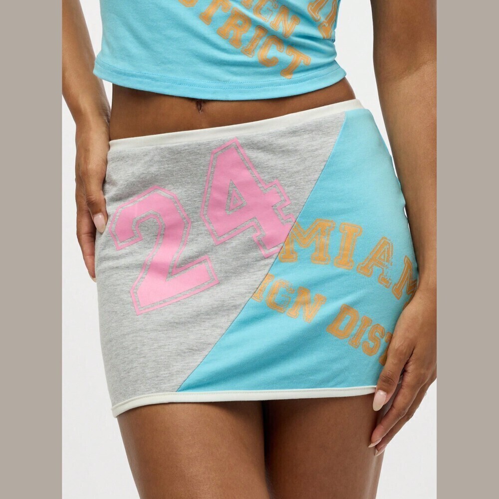 Blue & Grey Colorblock Miami 24 Graphic Mini Skirt